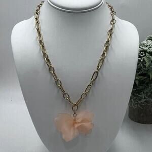 Ann Taylor Gold Tone Link Chain Necklace with Peach Lotus‎ Flower Pendant